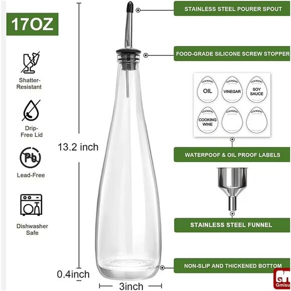 2-Pack Oil & Vinegar Dispenser Set 500ml Glass Bottles w/ Metal Pourer & Labels - Picture 2 of 7